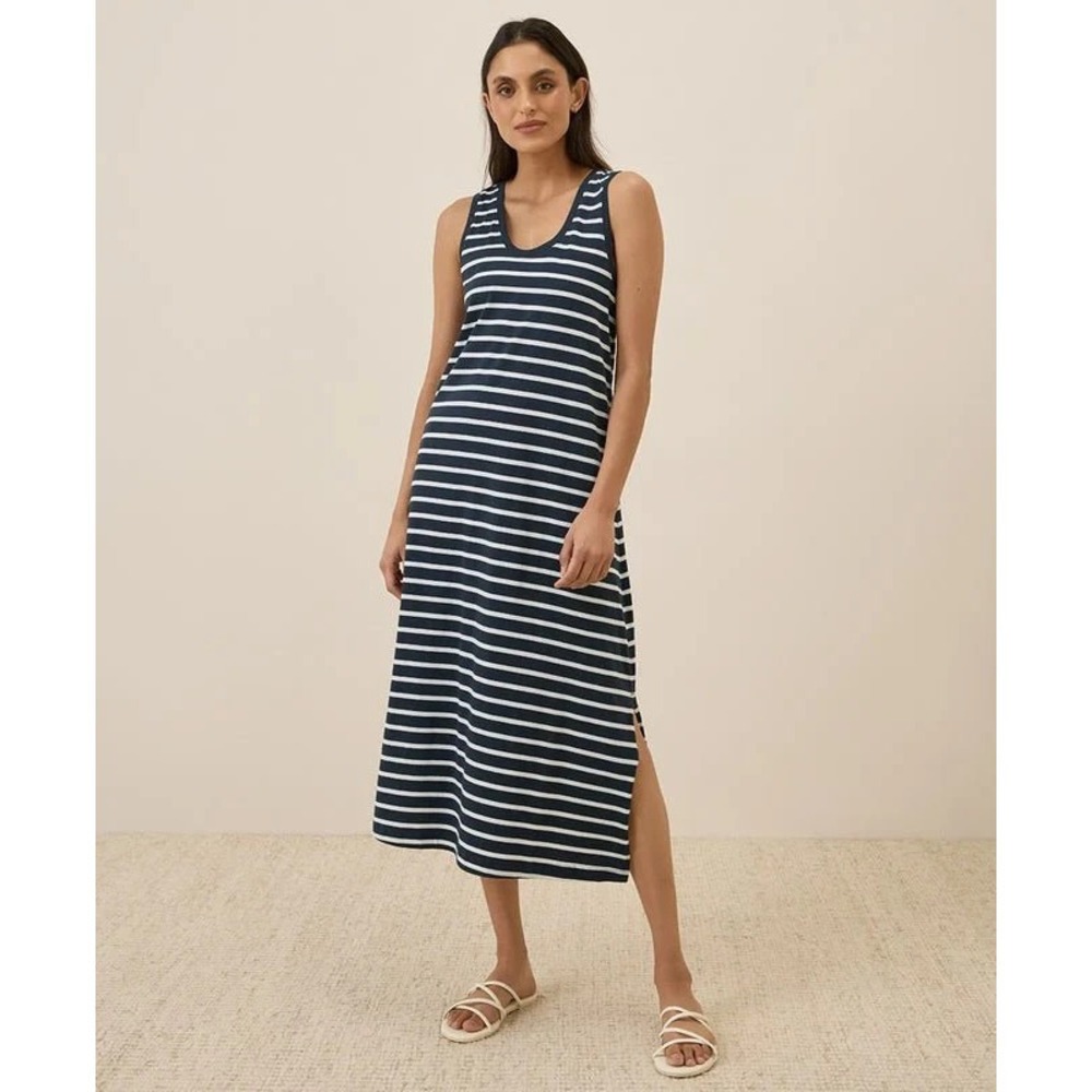 Pact Navy and White Striped Midi Tank Dress